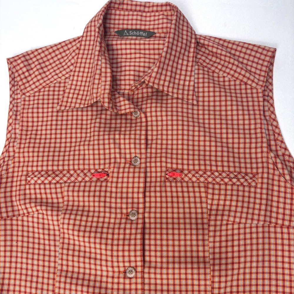 Schoffel Sleeveless Top Vest Button Down Pockets Orange Red Plaid Womens Sz XL
